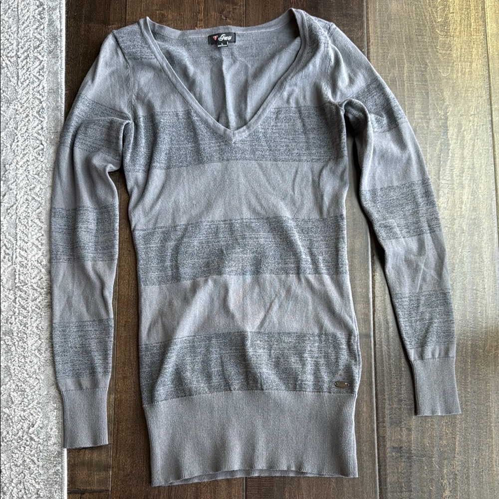 Guess Gray V-Neck Sweater with Ribbed Detailing